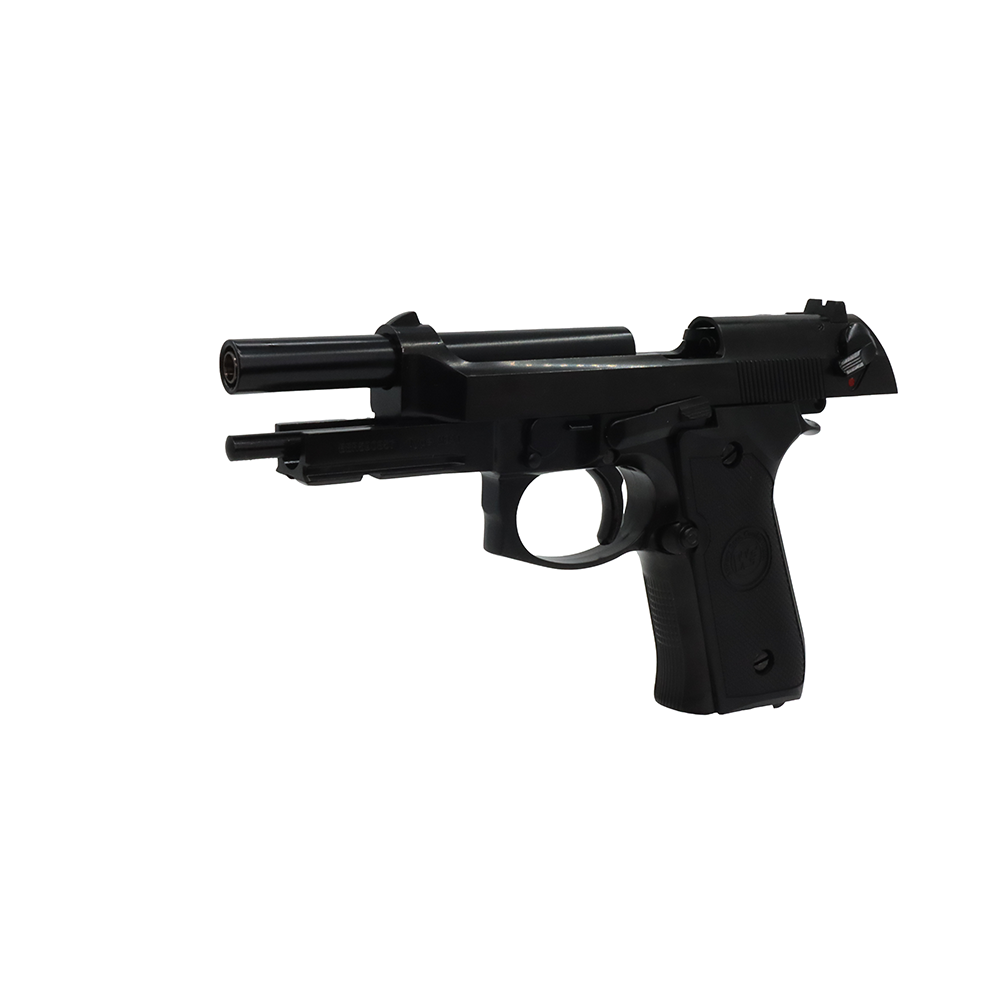 WE-Tech M9A1 New System Full Auto Gas Blowback Airsoft Pistol - Black, slide locked back showing inner barrel