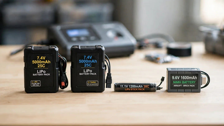 LiPo stick battery pack and NiMH brick battery pack side by side on a workbench