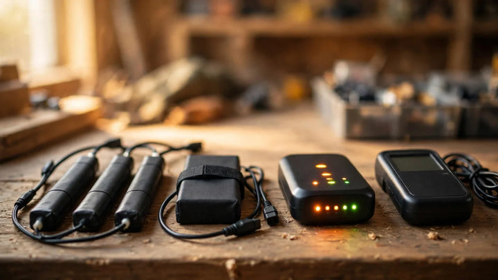 Airsoft LiPo and NiMH battery packs with smart charger and multimeter on a workbench