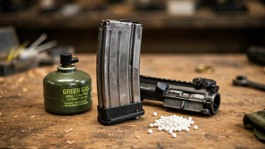 Gas blowback rifle magazine and bolt detail on a workbench with green gas and BBs