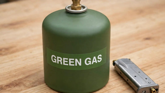 Green gas canister with a metal airsoft gas magazine on a wooden workbench