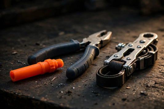 Blaze-orange airsoft muzzle tip with padded pliers and strap wrench on a workbench