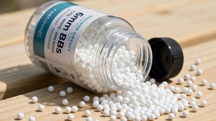 Bottle of white 6mm airsoft BBs spilling onto a wooden bench