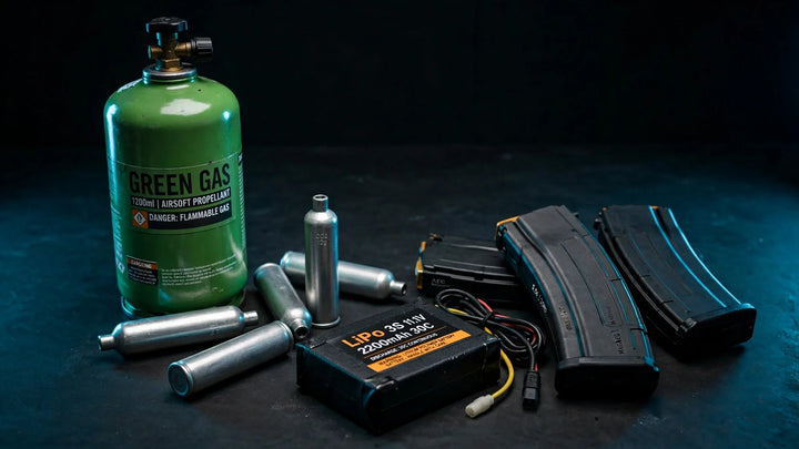 Gas vs CO2 vs Electric Airsoft - green gas canister, CO2 cartridges, LiPo battery and airsoft magazines