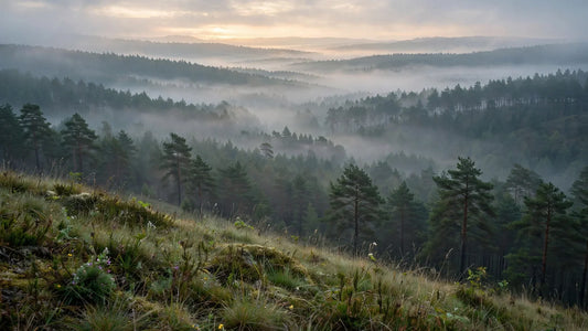 Misty woodland valley at dawn seen from a grassy ridge