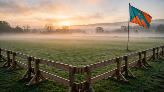 Empty outdoor airsoft field at sunrise with wooden barricades and a team flag