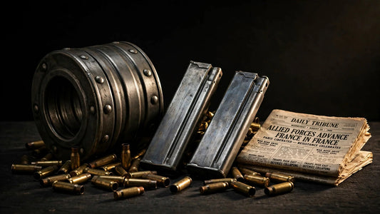 Thompson airsoft guide - drum magazine, stick magazines, brass casings and vintage newspaper