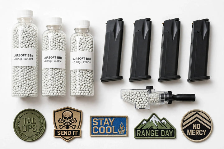 Bright studio flat lay of BB bottles, empty pistol magazines, speed loader and patches on a white background