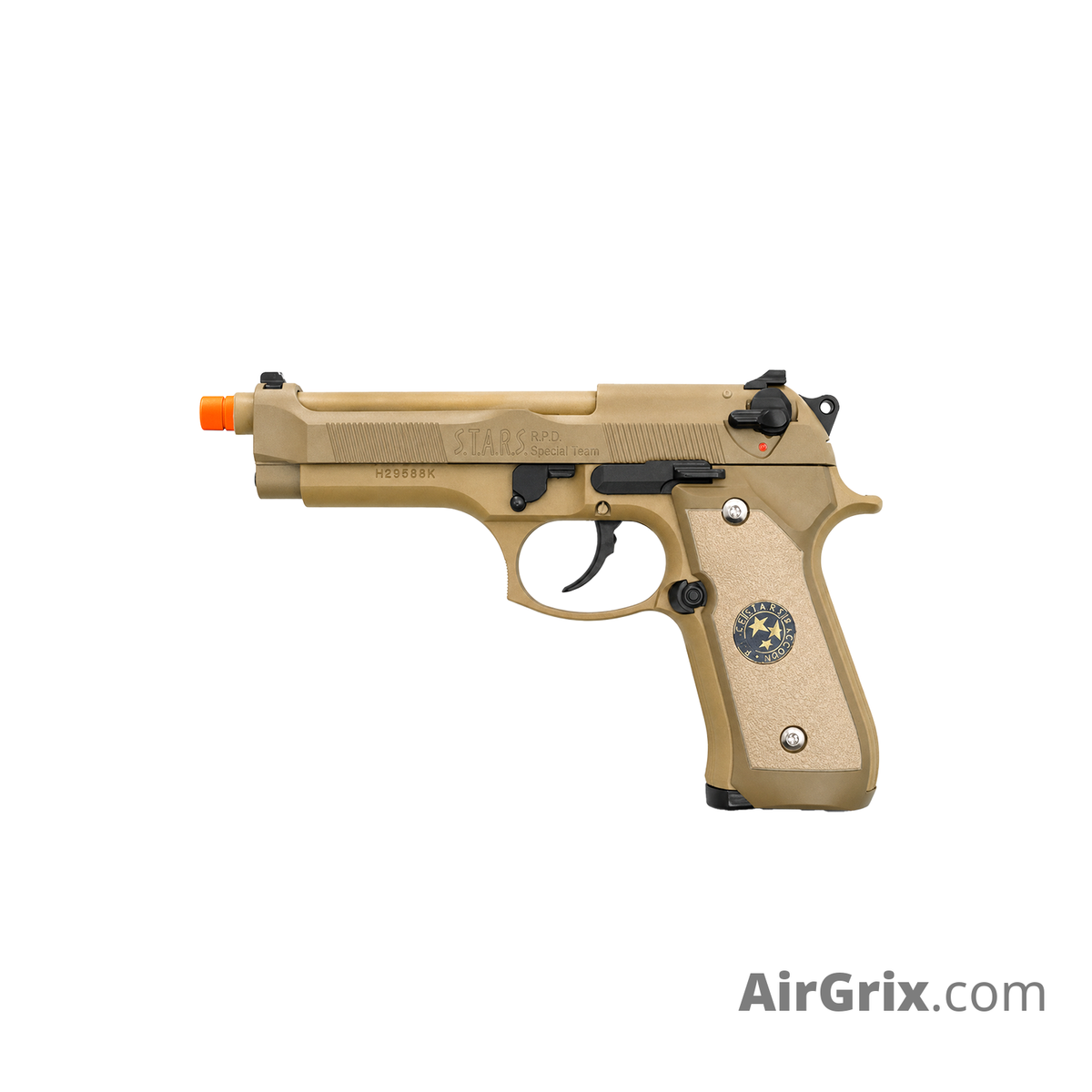 WE M9 Biohazard 20th Anniversary Tan GBB Pistol, left side profile with STARS R.P.D. markings and S.T.A.R.S. grip badge