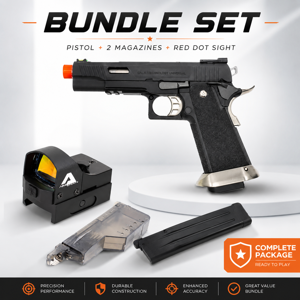 A complete Hi-Capa loadout with red dot aiming, extra magazines, and faster loading support for serious airsoft gameplay.