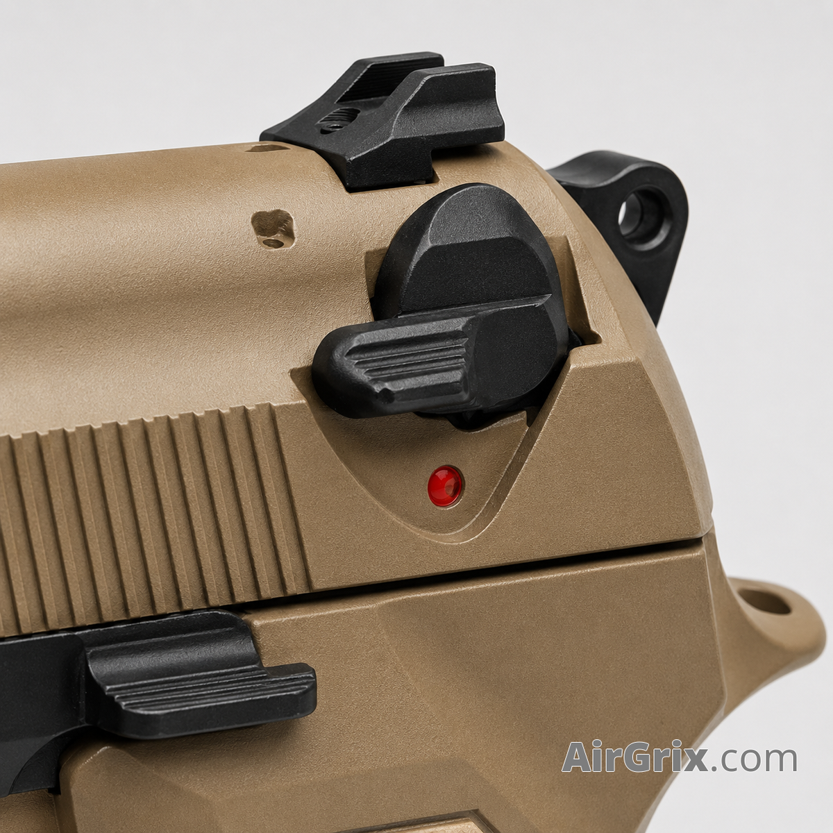 WE M9 Biohazard 20th Anniversary Tan GBB Pistol, rear slide close-up showing safety decocker, rear sight and serrations