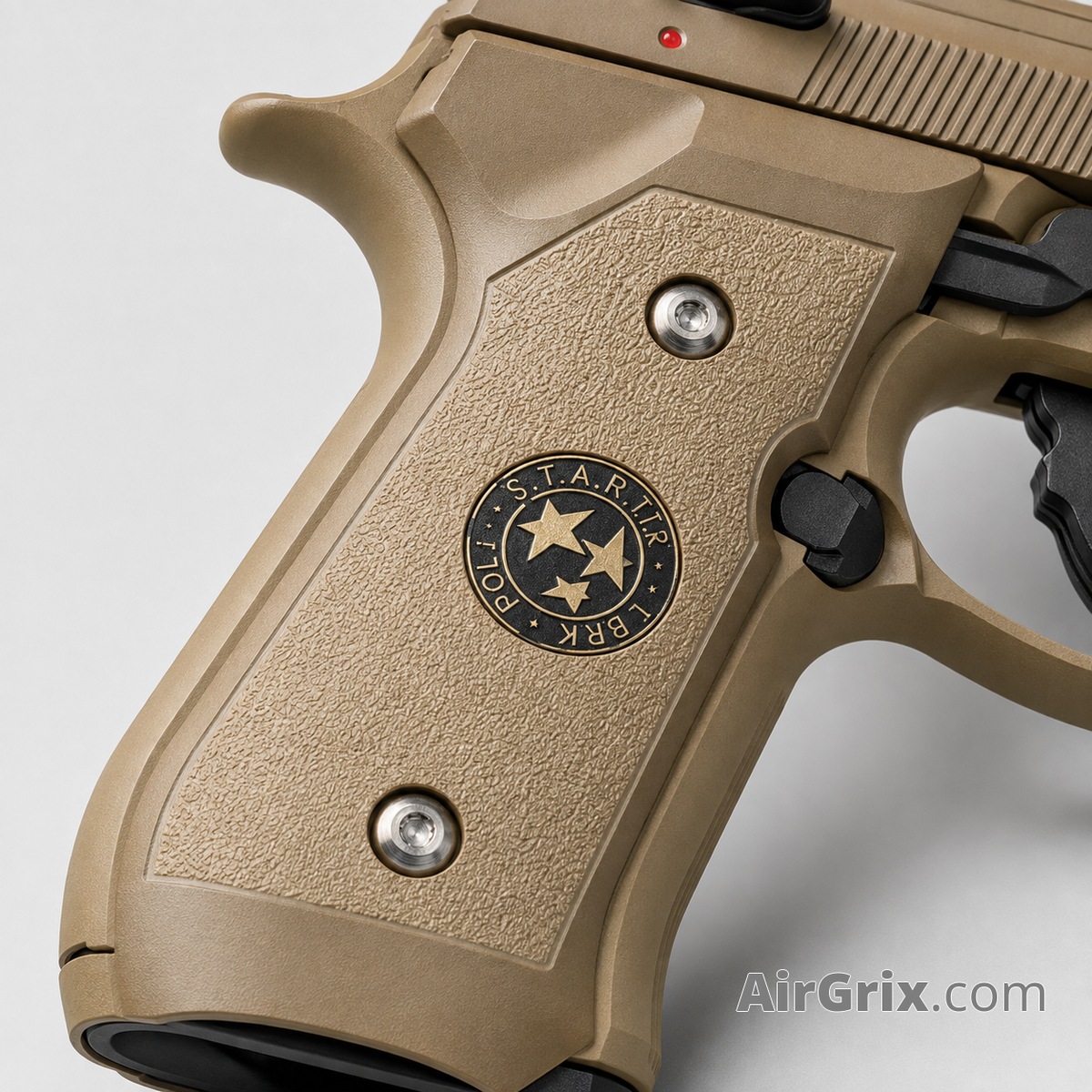 WE M9 Biohazard 20th Anniversary Tan GBB Pistol, grip close-up showing S.T.A.R.S. medallion, grip screws and stippled texture