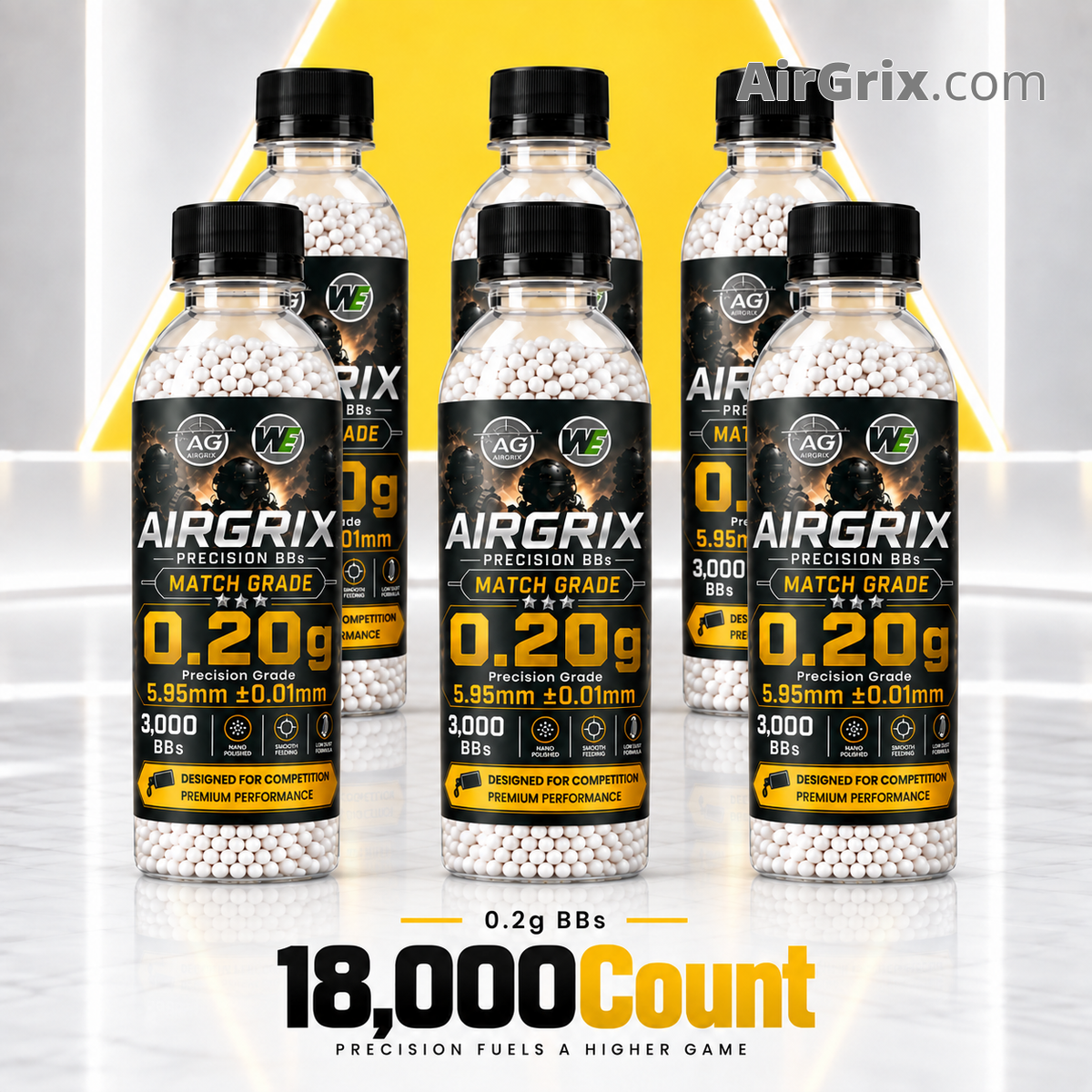 Premium 0.2g Airsoft BBs (6-Bottle, 18,000 Count Total) | 5.95mm Ammo