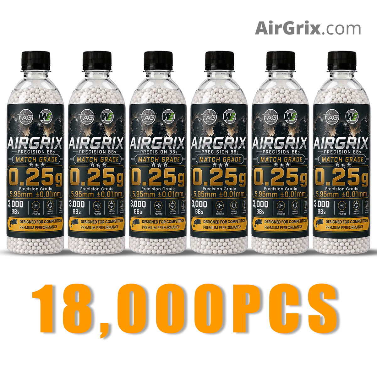 Premium 0.25g Airsoft BBs (6-Bottle, 18,000 Count Total) | 5.95mm Ammo
