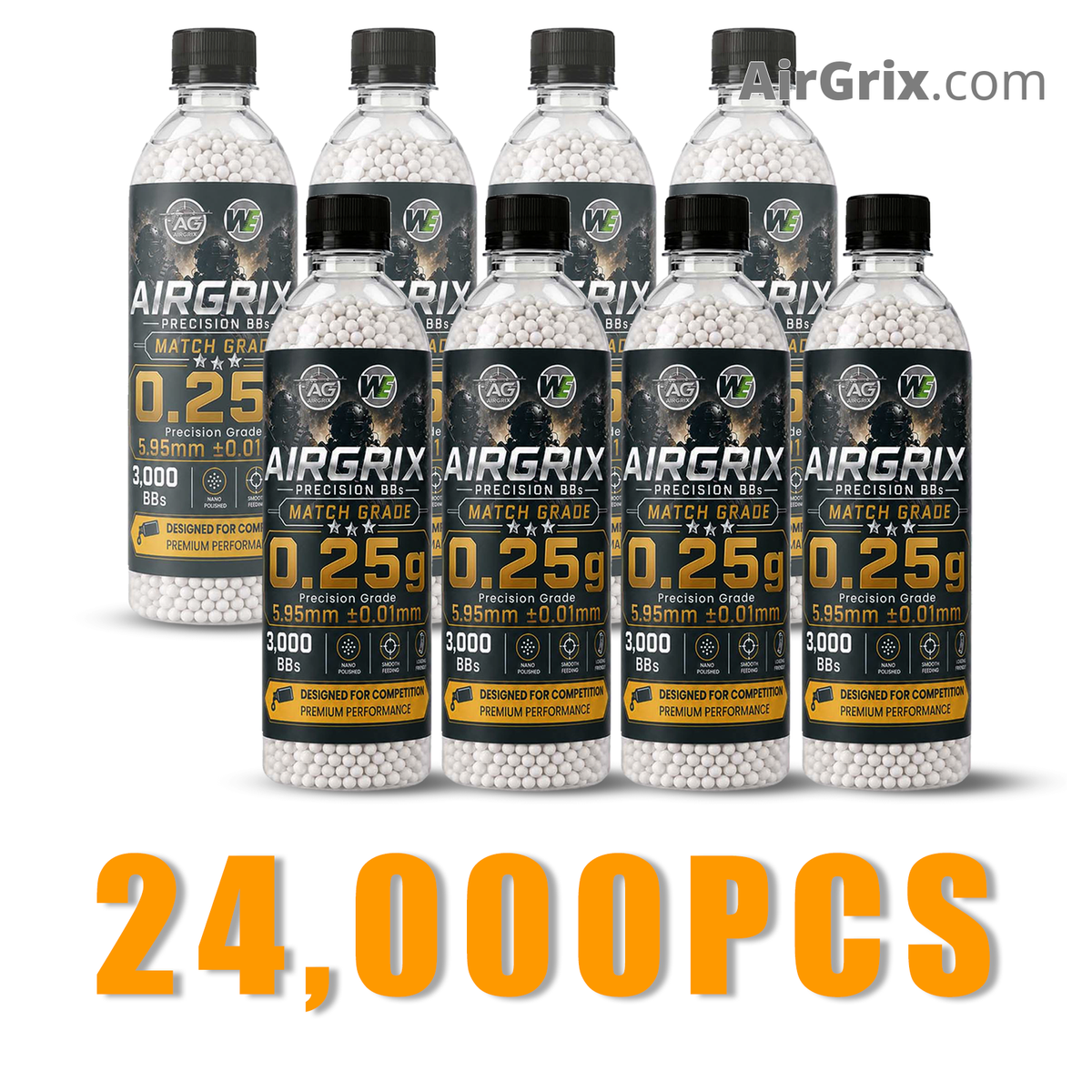 Premium 0.25g Airsoft BBs (8-Bottle, 24,000 Count Total) | 5.95mm Ammo