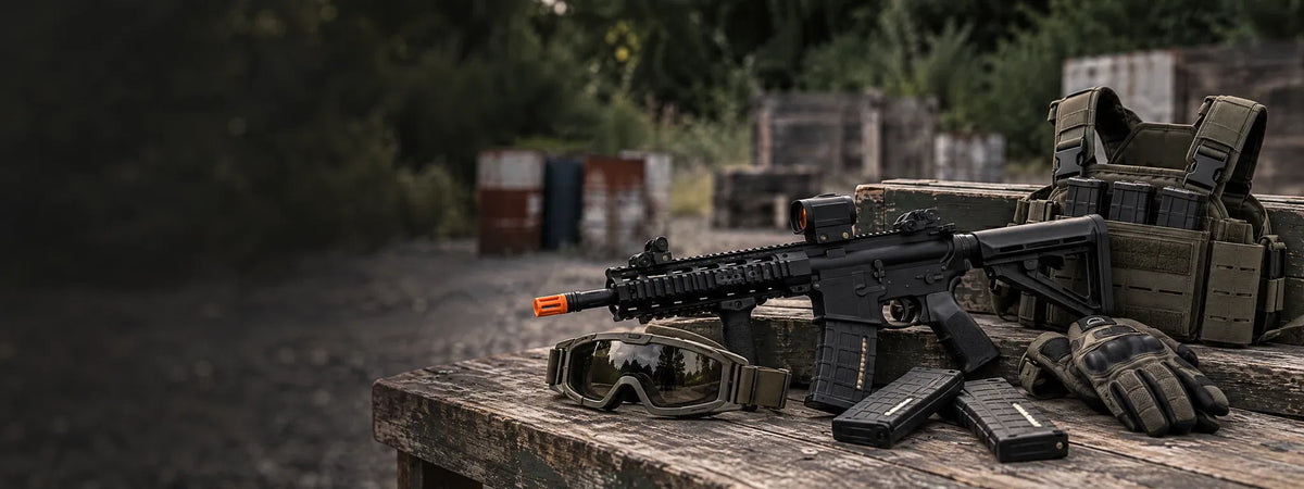 A tactical rifle with an orange safety tip is displayed on a wooden table alongside tactical gear, including a vest, goggles, gloves, and magazines, set against a blurred outdoor background.