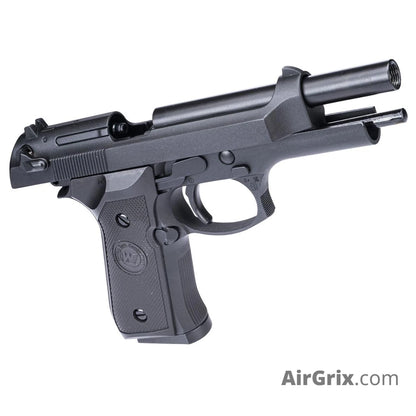 WE-45-M001 M9 CO2 Airgun Pistol 4.5mm Blowback rear three-quarter view showing top slide and rear sight