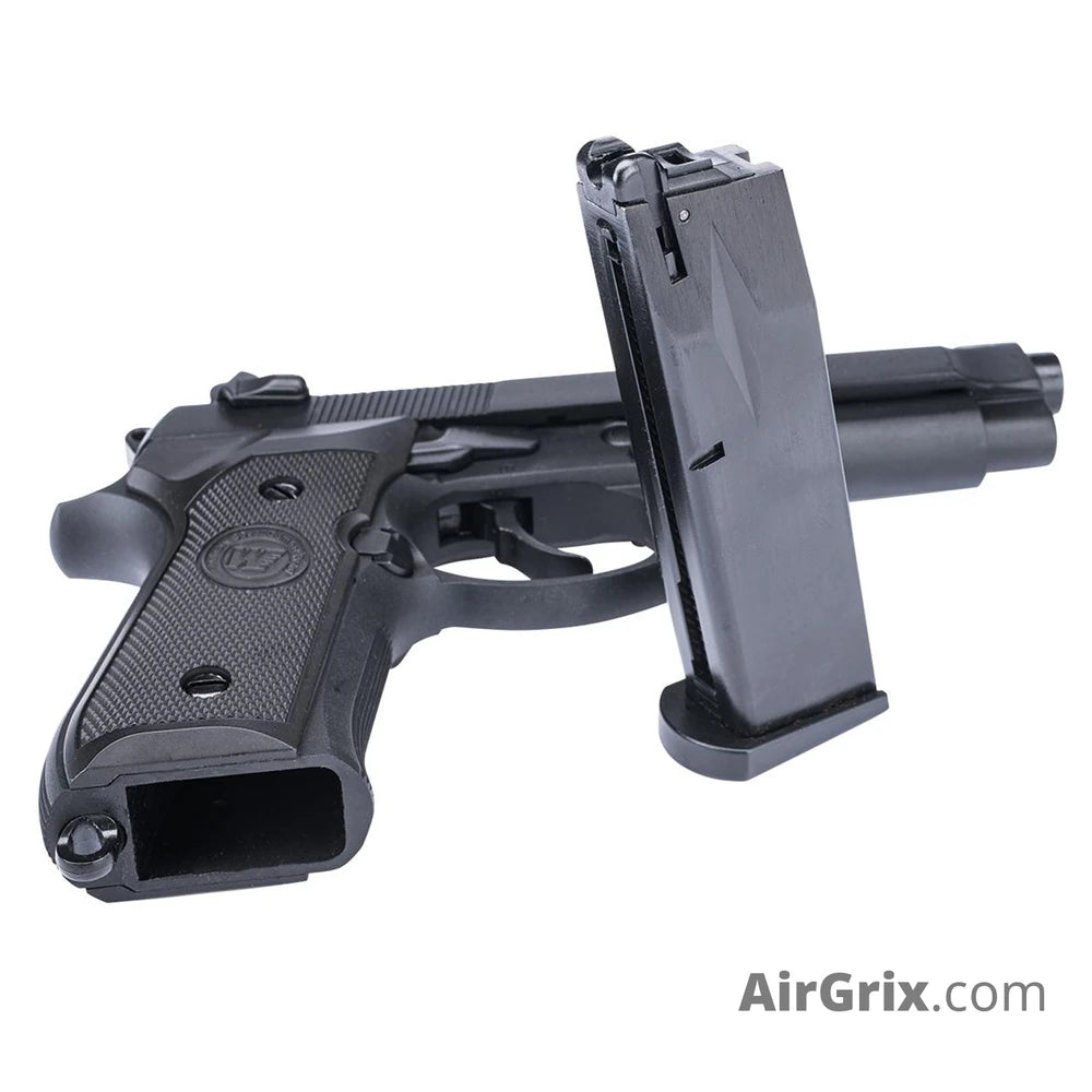 WE-45-M001 M9 CO2 Airgun Pistol 4.5mm Blowback with CO2 magazine removed, empty magazine well shown