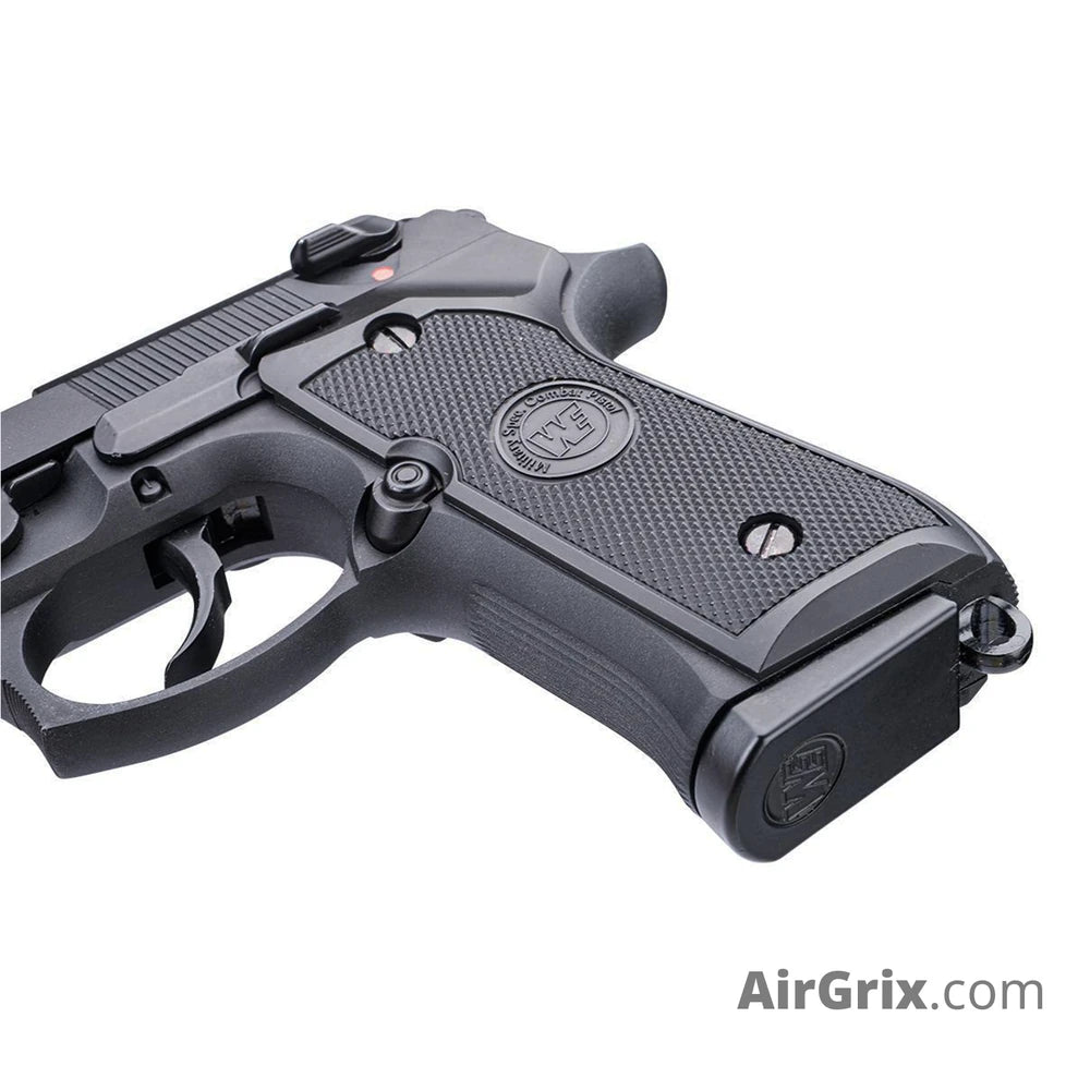 WE-45-M001 M9 CO2 Airgun Pistol 4.5mm Blowback grip close-up, checkered texture and lanyard loop