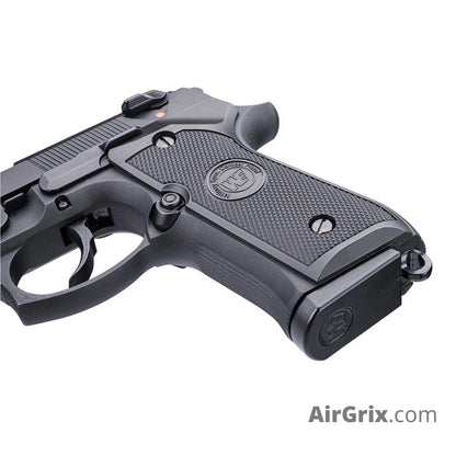 WE-45-M001 M9 CO2 Airgun Pistol 4.5mm Blowback grip close-up, checkered texture and lanyard loop
